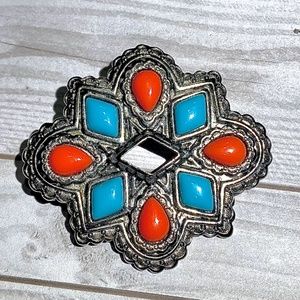 Vintage Southwest Turquoise and Coral Brooch